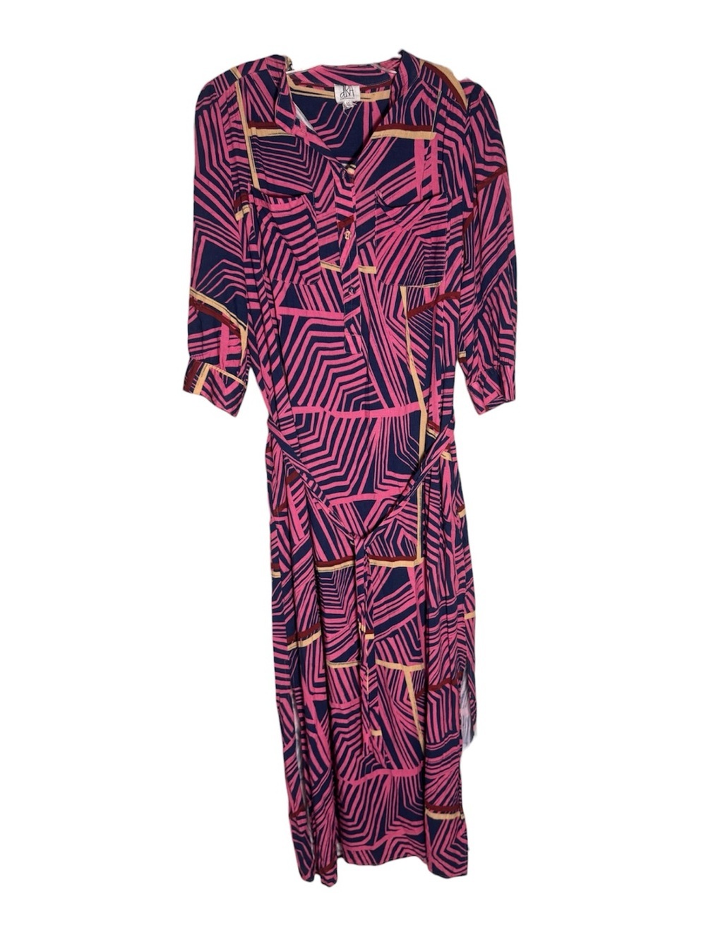 dRA Los Angeles Maxi Shirt Dress medium Pink Blue Geometric Button Pocketsw/belt